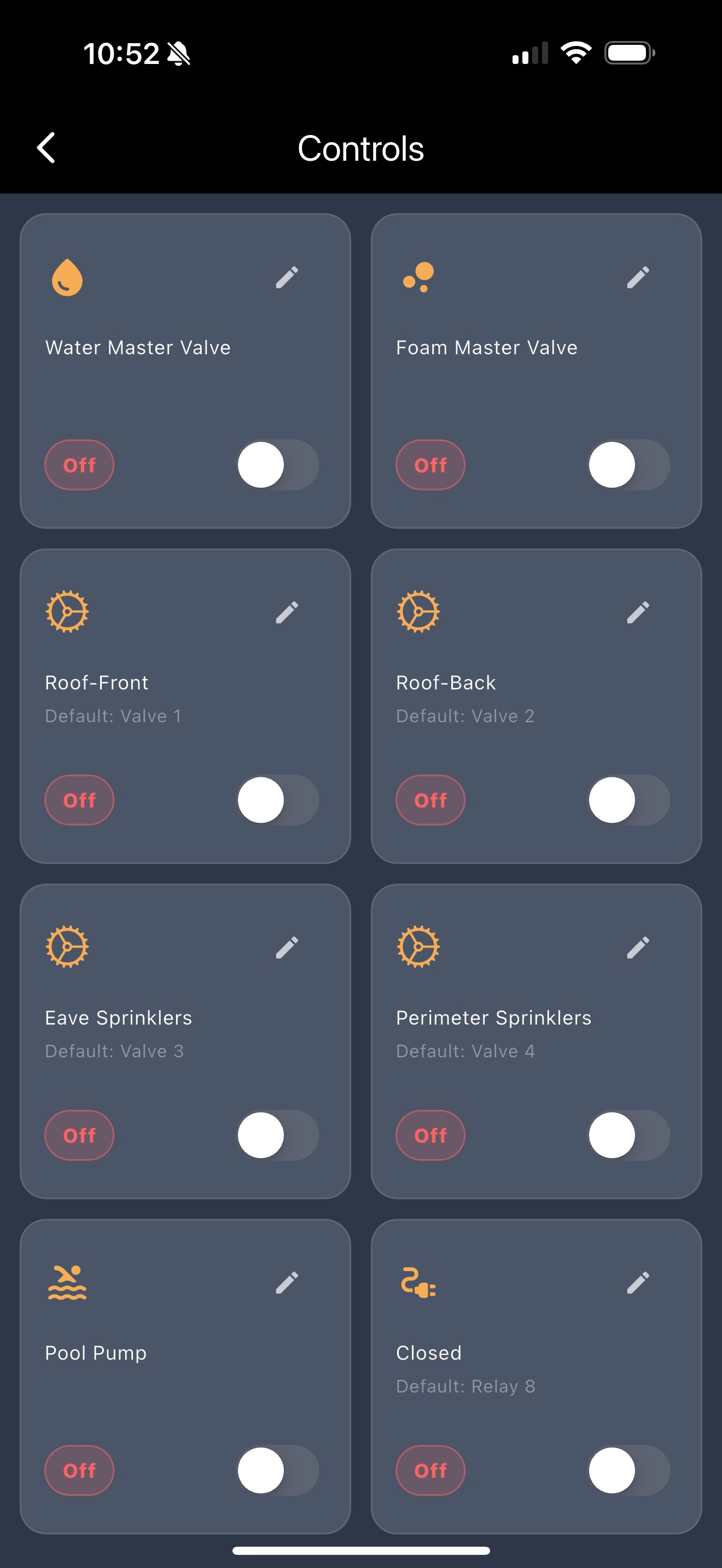 FireRoofs app Controls screen showing Water Master Valve, Foam Master Valve, Roof-Front, Roof-Back, Eave Sprinklers, Perimeter Sprinklers, Pool Pump, and relay toggles