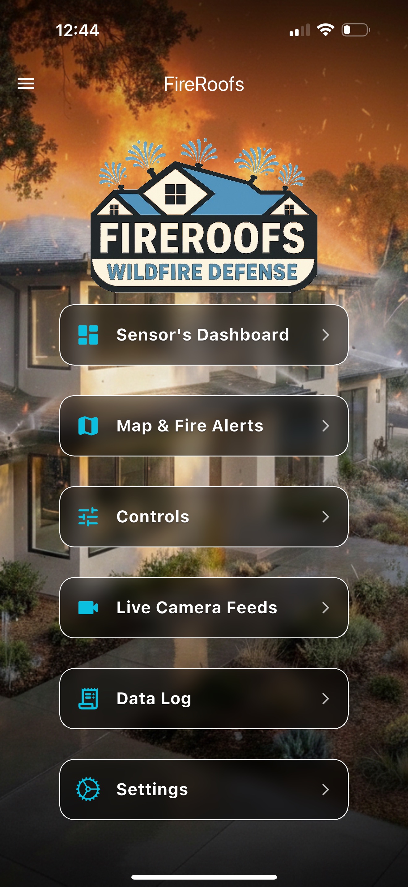 FireRoofs app home screen showing Sensor Dashboard, Map and Fire Alerts, Controls, Live Camera Feeds, Data Log, and Settings