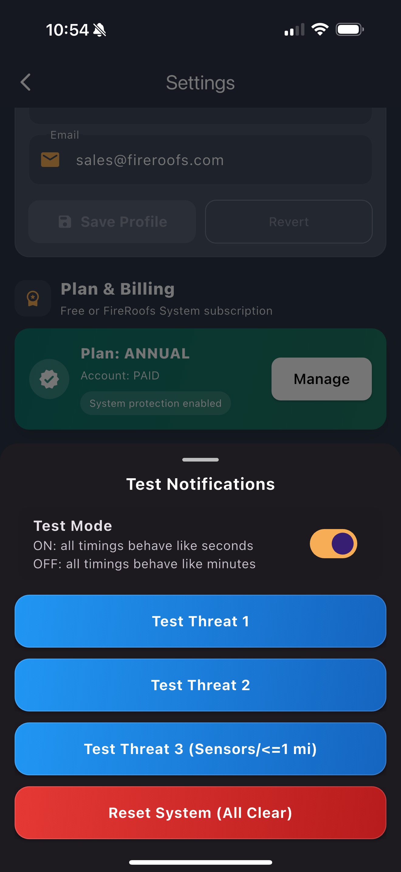 FireRoofs app Settings screen showing Plan and Billing, Test Notifications with Test Threat buttons, and Test Mode toggle