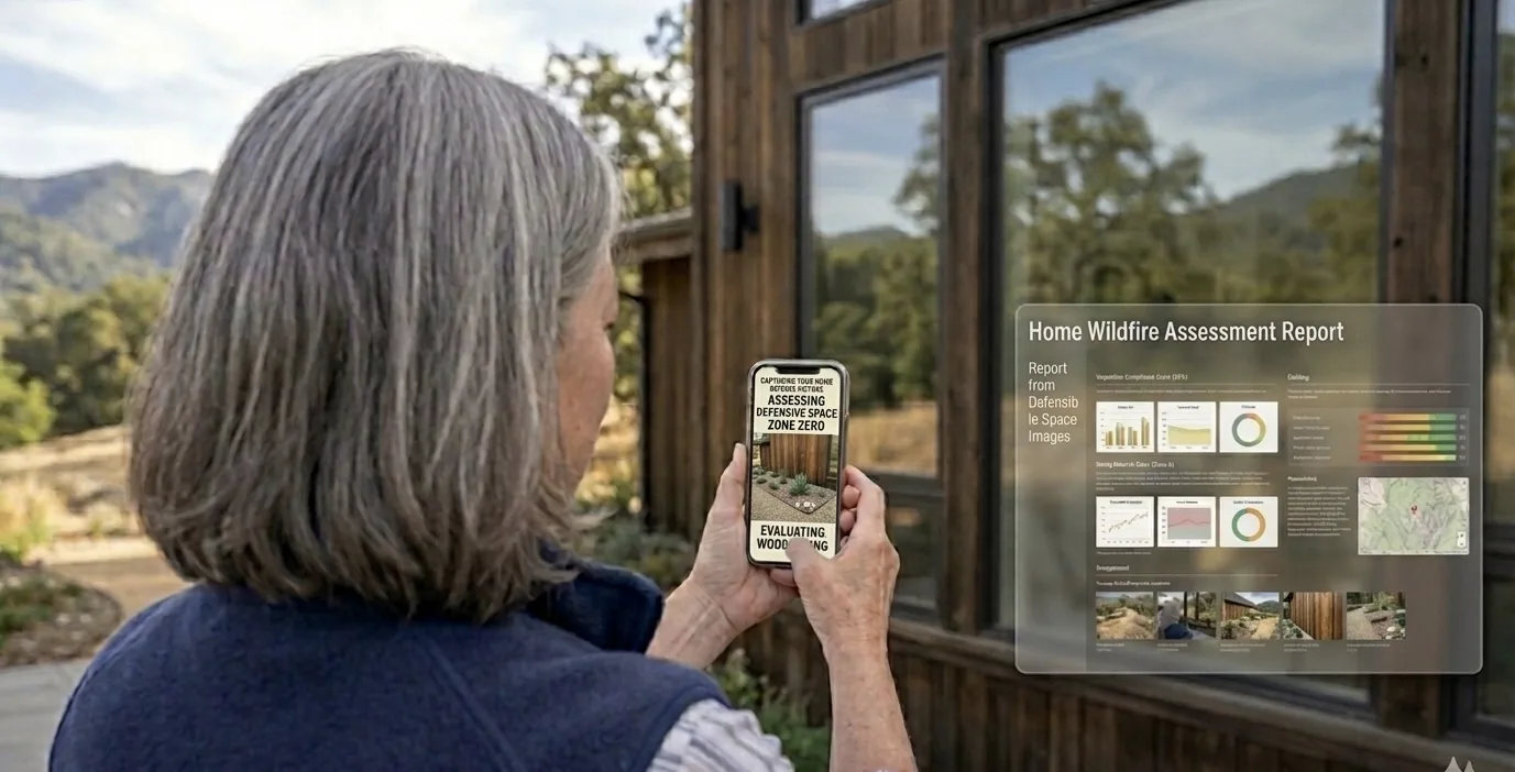 California homeowner using FireRoofs wildfire assessment on her phone while standing outside her hillside property with a full report preview displayed