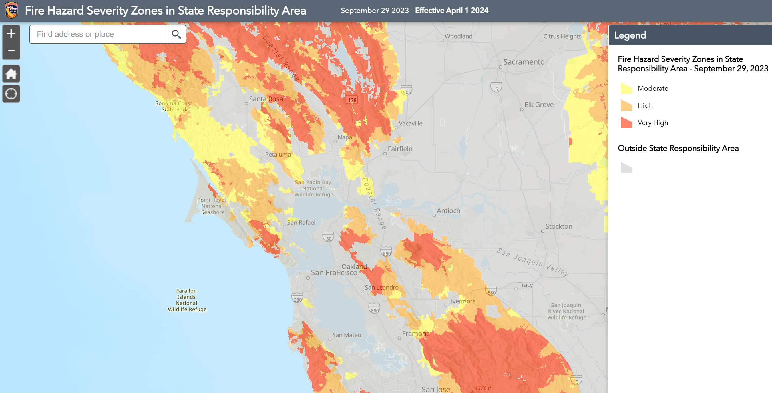 CAL FIRE Bay Area Fire Hazard Severity Zone map showing Very High risk areas