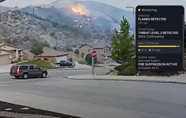 On-property wildfire detection camera identifying approaching fire with intelligent threat recognition