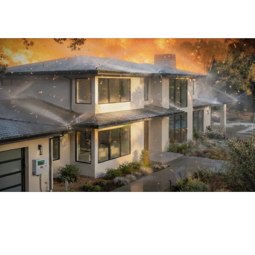 Professionally installed home hardening and automated wildfire sprinkler system protecting a home in the Bay Area