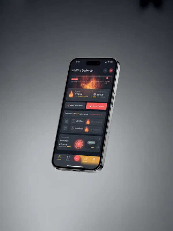 iPhone showing the FireRoofs wildfire defense app interface with zone controls and sensor monitoring