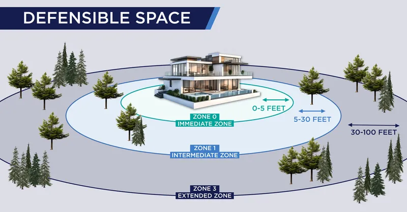 Defensible space zone around a home with cleared vegetation and hardscaped buffer, critical for wildfire protection
