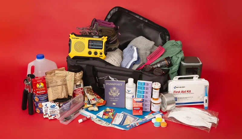 Emergency go-bag packed with disaster preparedness supplies ready for wildfire evacuation