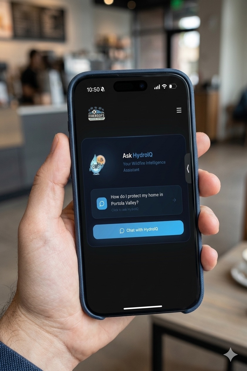 HydroIQ AI wildfire assistant on iPhone showing Portola Valley wildfire query