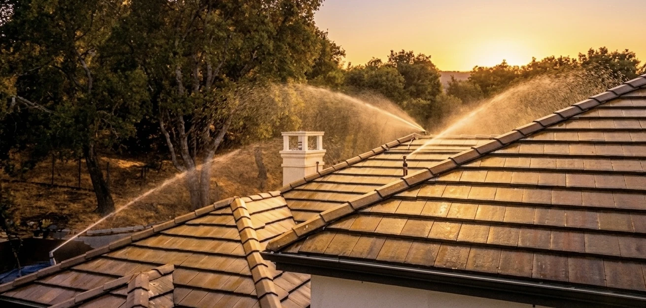 FireRoofs exterior sprinkler system spraying water across a tile roof at sunset, defending a Bay Area home from wildfire