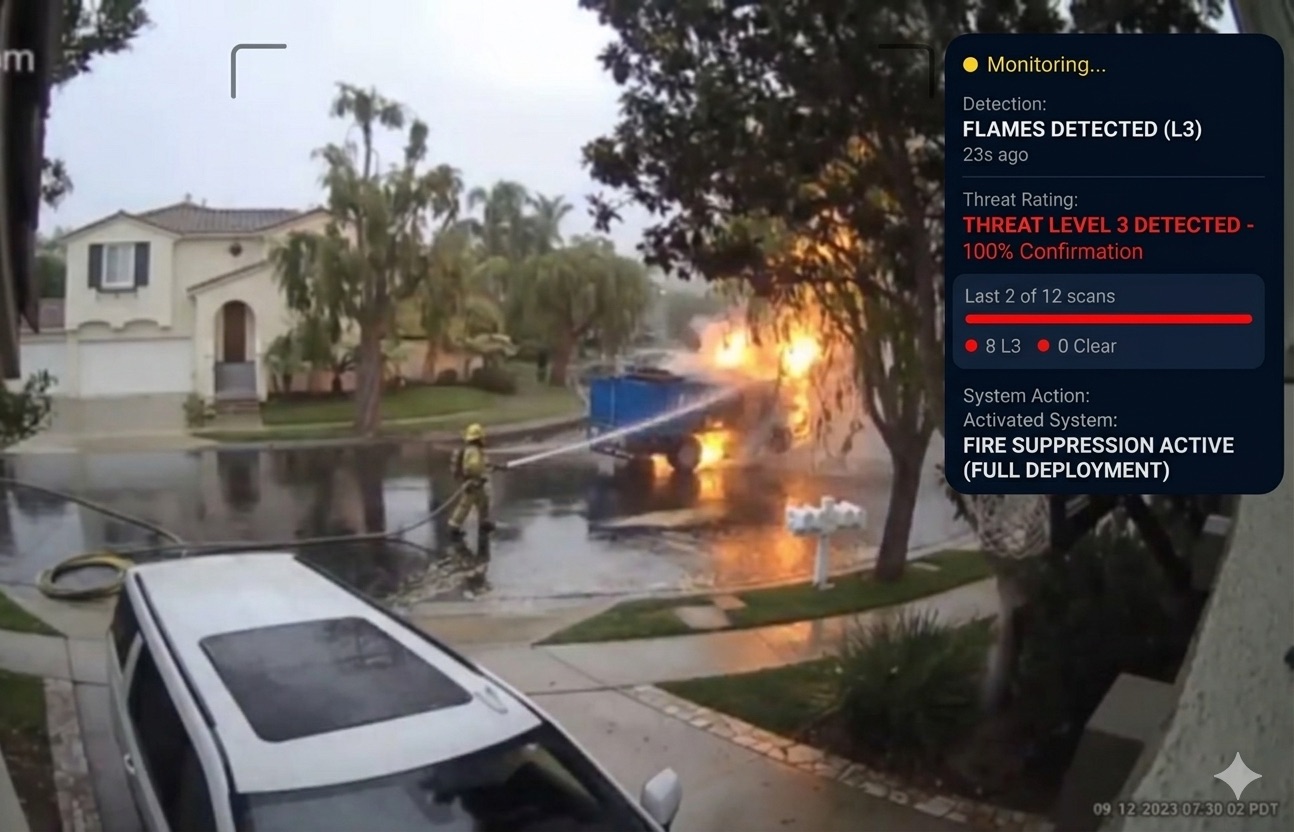 FireRoofs camera view of structure fire with Level 3 threat detection and full deployment active