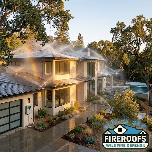 FireRoofs exterior wildfire defense system installed on a luxury Bay Area home with copper pipe and roof-mounted sprinkler heads