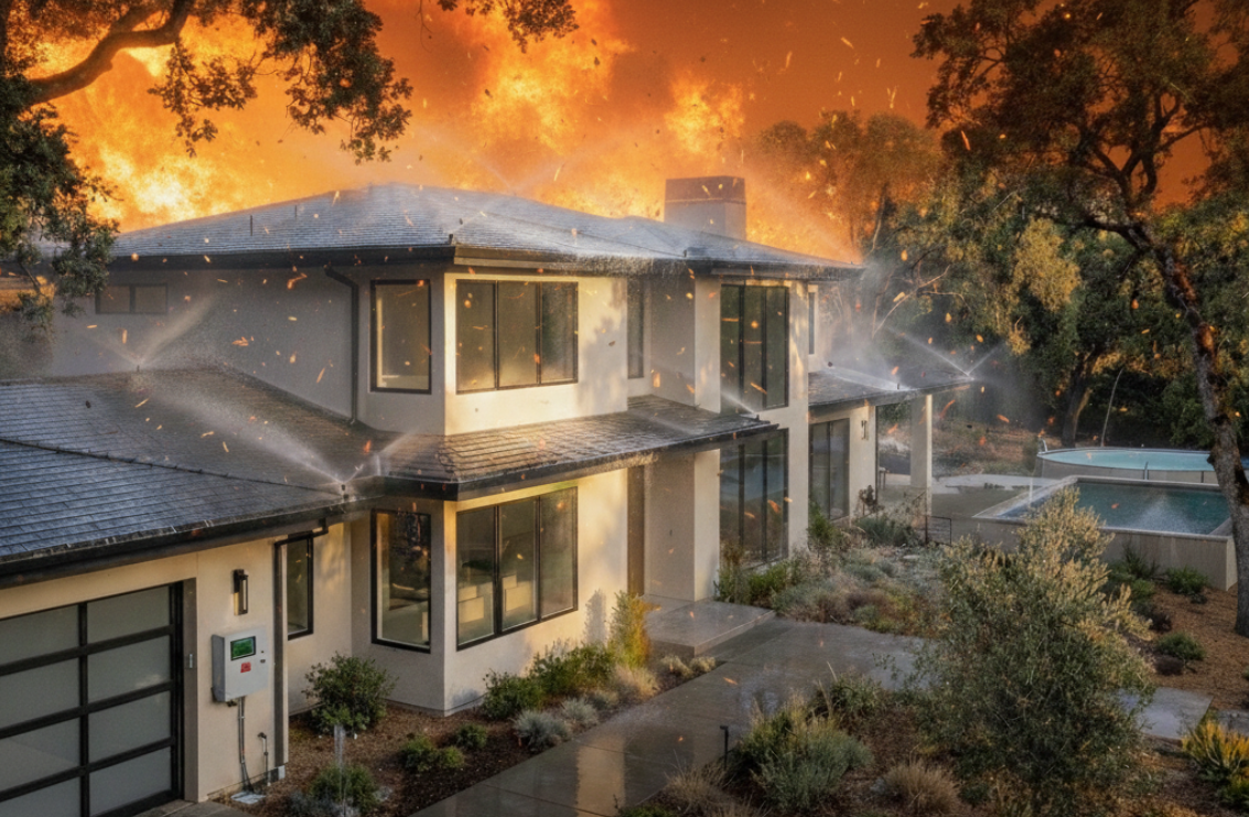 Modern home with exterior sprinklers active defending against approaching wildfire